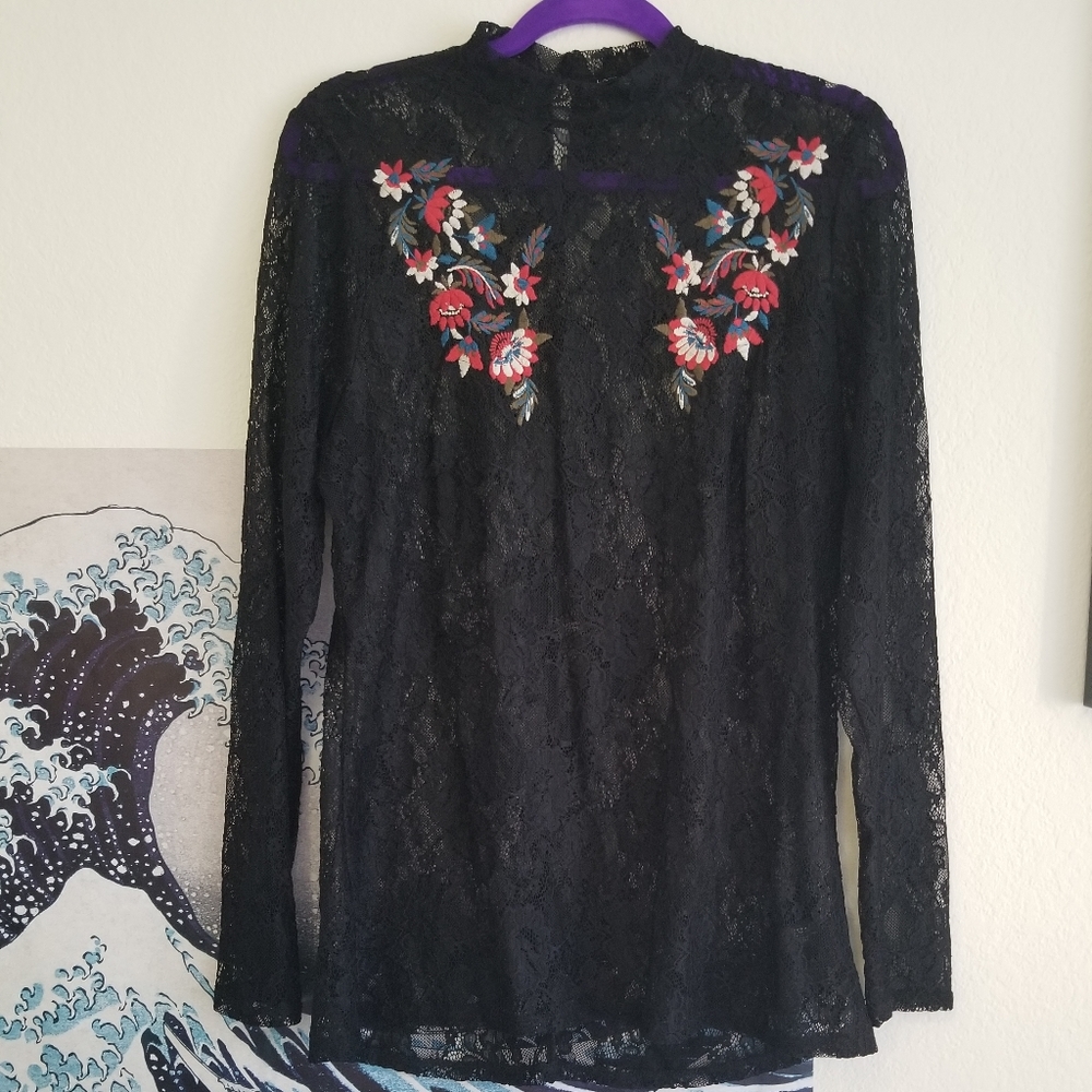 Embroidered Floral Black Lace Top